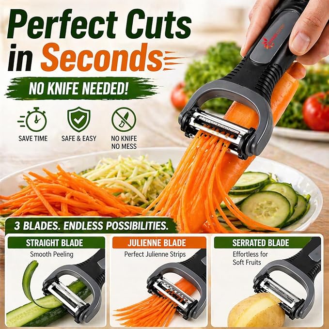 3-in-1 Vegetable Peeler Set – Ultra Sharp Stainless Steel Y Peeler with Julienne Blade, Heavy Duty Kitchen Tool