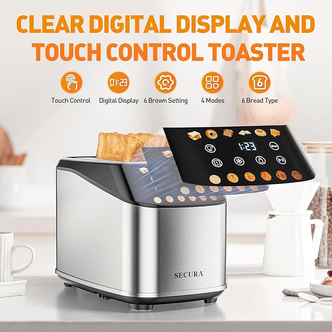Secura 2 Slice Toaster, Fully Automatic Digital Stainless Steel Toaster with Countdown Timer & Keep Warm Function, 6 Browning Levels, Bagel/Defrost/Reheat/Single-Slice Modes, Removable Crumb Tray