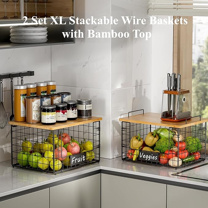 2 Set XL Wire Storage Basket with Bamboo Tops & Tags for Potato and Onion, Stackable Kitchen Counter Organizers for Pantry Organizer and Storage, Metal Storage Bins for Fruit Veggies Snack Can