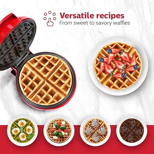 Holstein Housewares 7" Belgian Waffle Maker, Non-Stick Coating, Red/Stainless Steel, Delicious Waffles in Minutes for Everyday Meals. 7 Inch