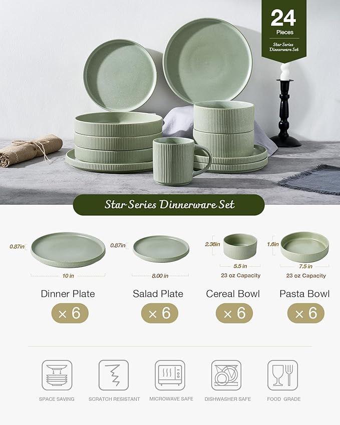 Famiware Star 24-Piece Stoneware Dinnerware Sets for 6 - Shallow Pasta Bowls & Flat Plates, Modern Rustic Reactive Glaze Dishes, Chip & Scratch Resistant, Microwave & Dishwasher Safe, Matte Sage Green