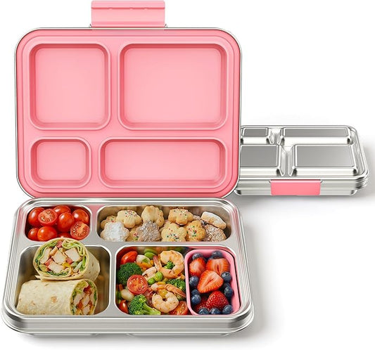 Stainless Steel Bento Box, 4-Compartment Metal Lunch Box with Removable Silicone, Lunch Container for Kids & Adults with Silicone Inner Container, School, Office, Dishwasher Safe(Pink)