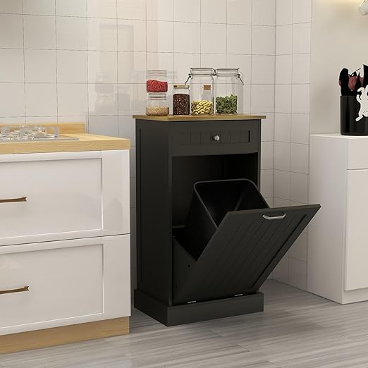 RASOO Tilt Out Trash Cabinet Wooden Freestanding Dog Proof Single Door 10 Gallons with Drawer Trash Can Cabinet