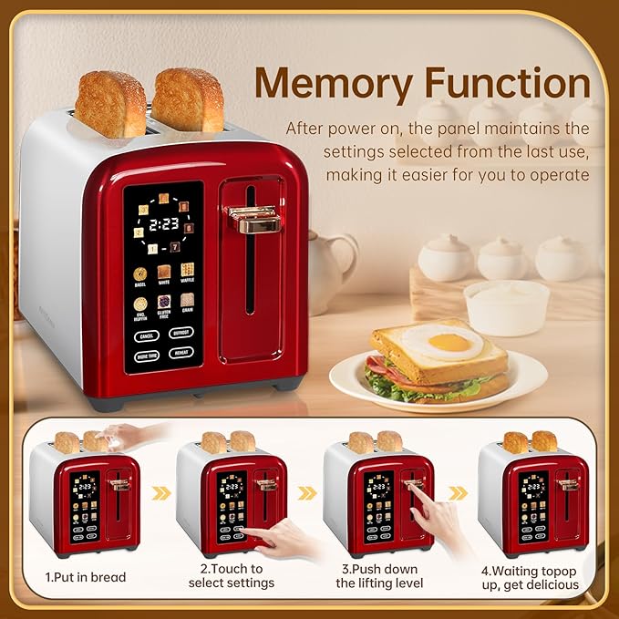 SEEDEEM Toaster 2 Slice, Full Touch Control Stainless Toaster, LCD Display, 50% Faster Heating Speed, 6 Bread Type, 7 Shade Setting, 1.5''Wide Slots, Removable Crumb Tray, 1350W, Dark Cherry