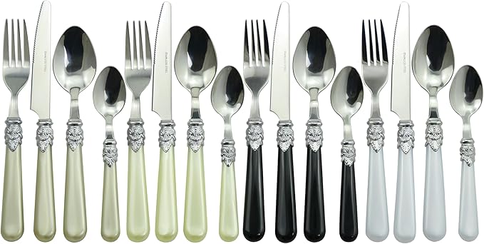 The Original Brink House Glam Mix & Match Stainless Steel Cutlery Set with Assorted Baroque Handles / 16 pieces with Metal Stand, Lifestyle utensils set for home, first apartment, dorm, dinner parties
