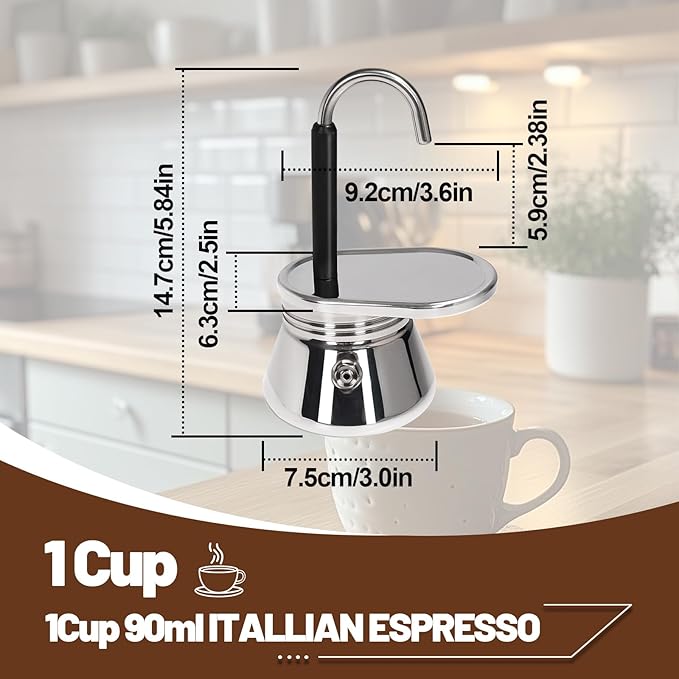 1 Cup Single Tube Moka Pot Stainless Steel Stovetop Espresso Maker Cafeteras Italian Percolator Espress Makers Capable Greca Mocha Coffee Machine for Induction Home 90ml 3oz