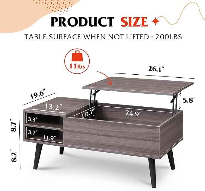 WLIVE Lift Top Coffee Table for Living Room, Small Coffee Table with Storage, Adjustable Shelf and Storage Compartment, Mid Century Modern Living Room Table, Wood, Grey