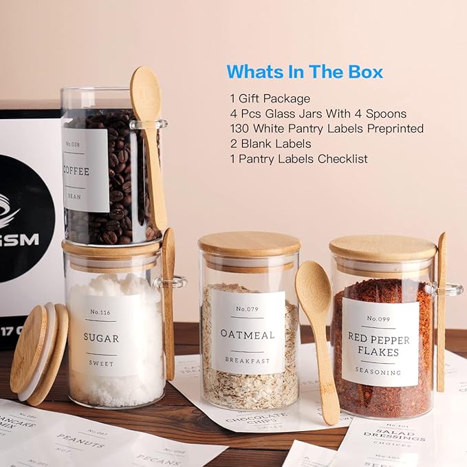 CZZGSM Glass Jar with Bamboo Lid and Spoon - 4 Pcs 17 oz Sugar Container with 132 Food Pantry Labels - Glass Containers with Wooden Lids Hold Coffee, Tea, Candy