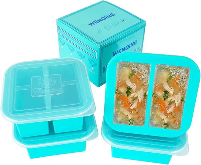 Silicone Freezer Tray with Lid 4 Pack Silicone Freezer Molds Ice Cube Tray Makes 8 Perfect 1 Cup Portions Soup Cubes Meal Prep Containers- Oven & Dishwasher Safe