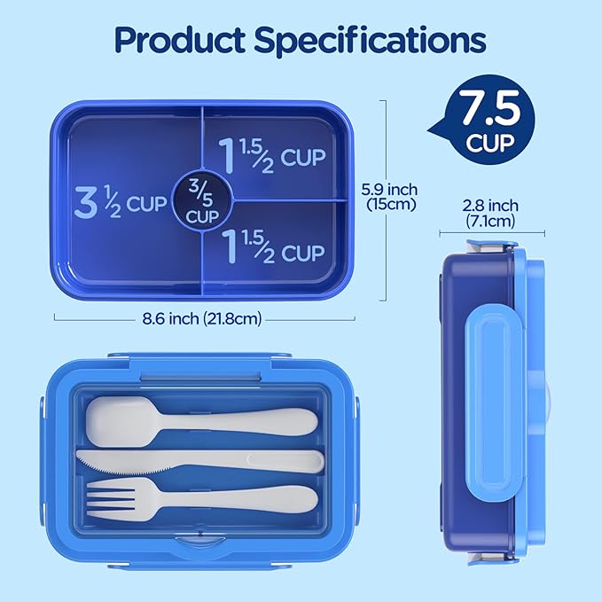 DaCool Bento Lunch Box for Kids - 7.5 Cups Leakproof Large Bento-Style with 4 Compartments Portions Lunchbox with Tableware Back to School, Reusable On-the-Go Meal and Snack Packing, Blue