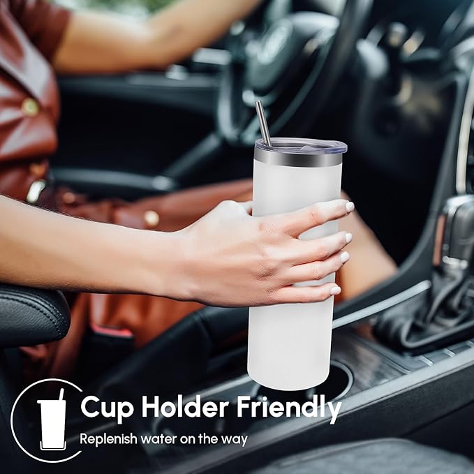 Volhoply 20 oz Skinny Tumbler with Lid and Straw, Stainless Steel Straight Tumblers Cup, Vacuum Insulated Coffee Mug for Home, Office, Travel, DIY (White,1 Pack)
