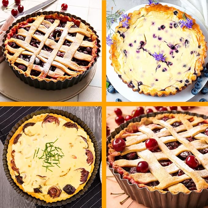 2 Pack 9.5 Inch Tart Pan Pie Pan, Heavy Duty Deep Quiche Pan with Removable Bottom, Nonstick Carbon Steel Deep-dish Round Pie Plate Tin with Oil & Dish Brush