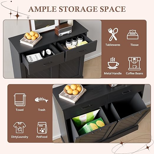 Double Tilt-Out Trash Can Cabinet, 2x13 Gallons Hidden Garbage, Hidden Kitchen Trash Cabinet with Storage Drawer, Pet-Proof Wooden Garbage & Recycling Cabinet for Kitchen, Laundry & Living Room, Black