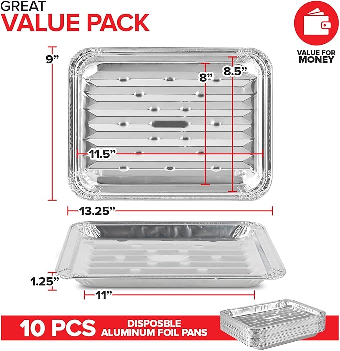 Stock Your Home Disposable Aluminum Foil Broiler Pan (10 Pack) for Oven - Durable Broiling Drip Trays with Ribbed Bottom Surface for BBQ Grill-Like Texture - 13x9 Inch Pans