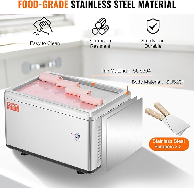 VEVOR Fried Ice Cream Machine, 12.6" x 8.5" 120W Stir-Fried Ice Cream Roll Maker with Compressor and 2 Scrapers, for Making Dessert Rolls, Frozen Yogurt