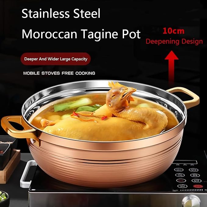 Moroccan Tagine Cooking Pot,Stainless Steel Non Stick Moroccan Casserole with 2 Handles,Large Moroccan Cooker Handmade Tagine Pot with Cone-Shaped Lid(22cm, Rose Gold)