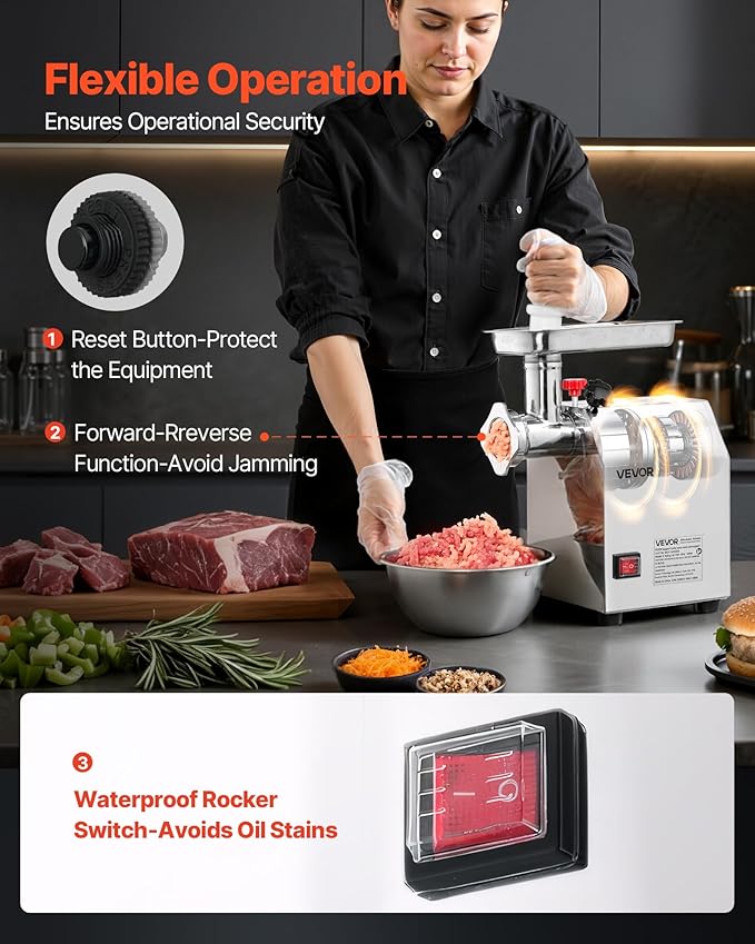 VEVOR Commercial Electric Meat Grinder, 5 lbs/min Capacity, #8 Industrial Meat Mincer with 2 Stainless Steel Blades, 2 Grinding Plates, 600W Heavy-Duty Sausage Maker Stuffer, for Kitchen, Restaurant