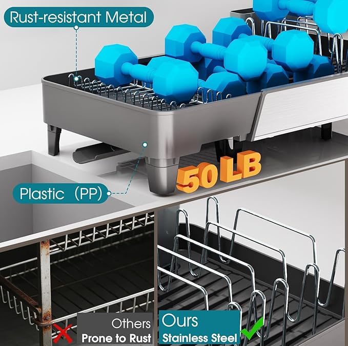 Large Expandable Dish Drying Rack, Dish Racks for Kitchen Counter, Space Saving & Rust Resistant Dish Drainer with Removable Drainboard & Utensil Holder, Adjustable Length 16.4 to 24.4 Inches