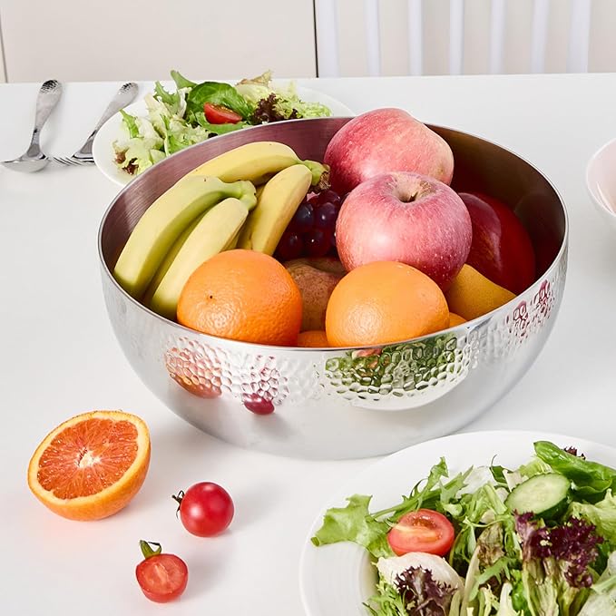 Brightalk 100oz Stainless Steel Hammered Salad Bowl, Large Fruit Popcorn Serving Bowl