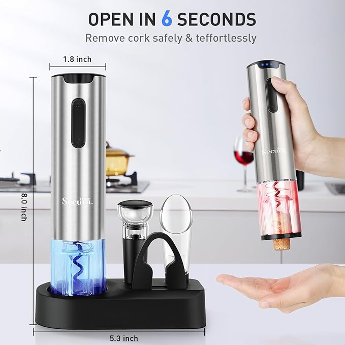 Secura Electric Wine Opener Set, Rechargeable Automatic Home Wine Bottle Opener Reusable Corkscrew with Foil Cutter, Vacuum Stoppers, Aerator Pourer Wine Set for Wine Lovers, Silver
