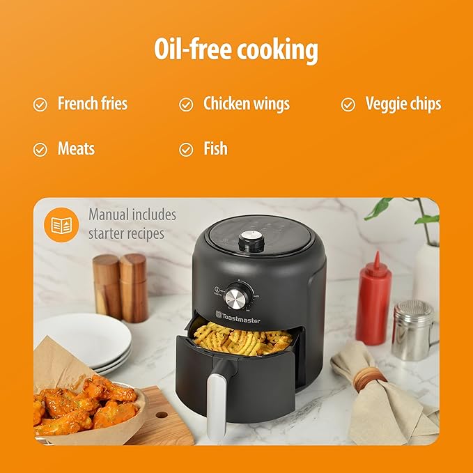Toastmaster 2.6L Air Fryer - Instant Air Fryer with 2.75 Quart Capacity - Kitchen Appliance for Healthy Cooking - Compact Appliance with Slide-Out Basket - Oil-Free Kitchen Gadget