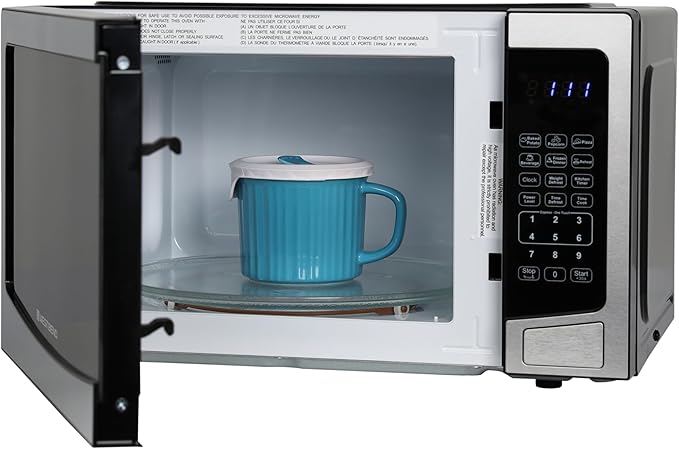 West Bend Microwave Oven 1000-Watts Compact with 6 Pre-Set Cooking Settings, Time and Weight Defrost, Electronic Control Panel and Glass Turntable, 1.1 Cu.Ft., Stainless Steel