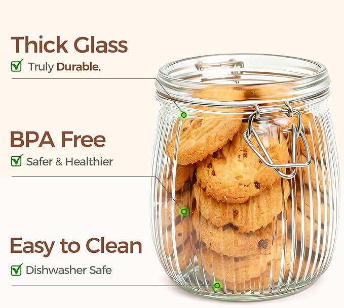 ComSaf 25oz Fluted Glass Mason Jars - Set of 6 Vintage Canisters with Airtight Lids for Sourdough Starter, Pickling, Coffee & Pantry Organization, Farmhouse Kitchen Decor