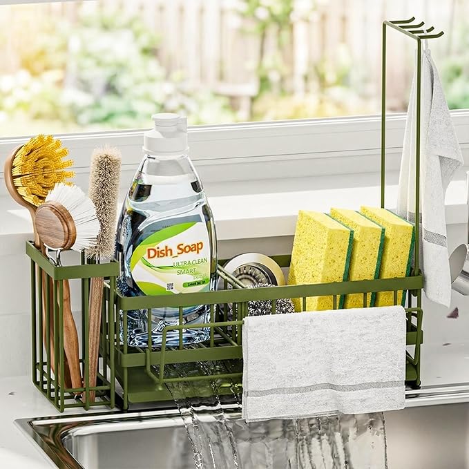 Sponge Holder for Kitchen Sink – Rustproof Stainless Steel with Detachable Drainboard, Brush Rack & Towel Bar | Compact, Non-Slip Design for Countertop Bathroom
