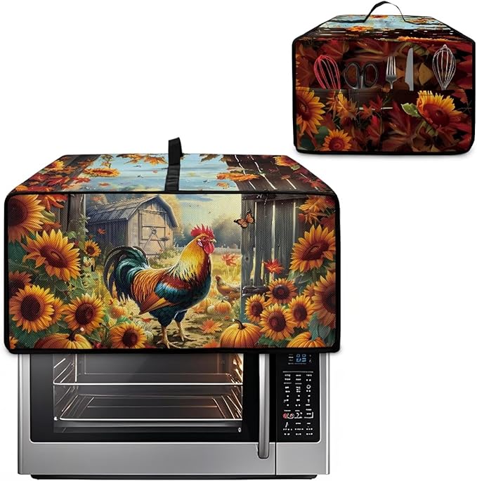 Toaster Oven Dust Cover Dustproof Smart Oven Air Fryer Microwave Cover with Pockets, Electric Appliance Protector Fall Home Decor, L, Chicken Rooster Sunflower Pumpkin Butterfly