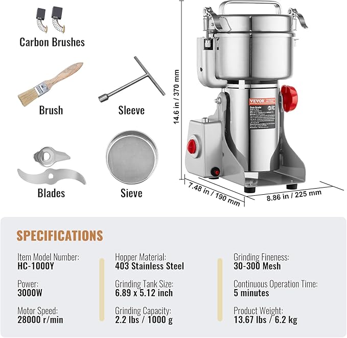 VEVOR 1000g Electric Grain Mill Grinder, High Speed 3000W Commercial Spice Grinders, Stainless Steel Pulverizer Powder Machine, for Dry Grains Spices Cereals Coffee Corn Pepper, Swing Type