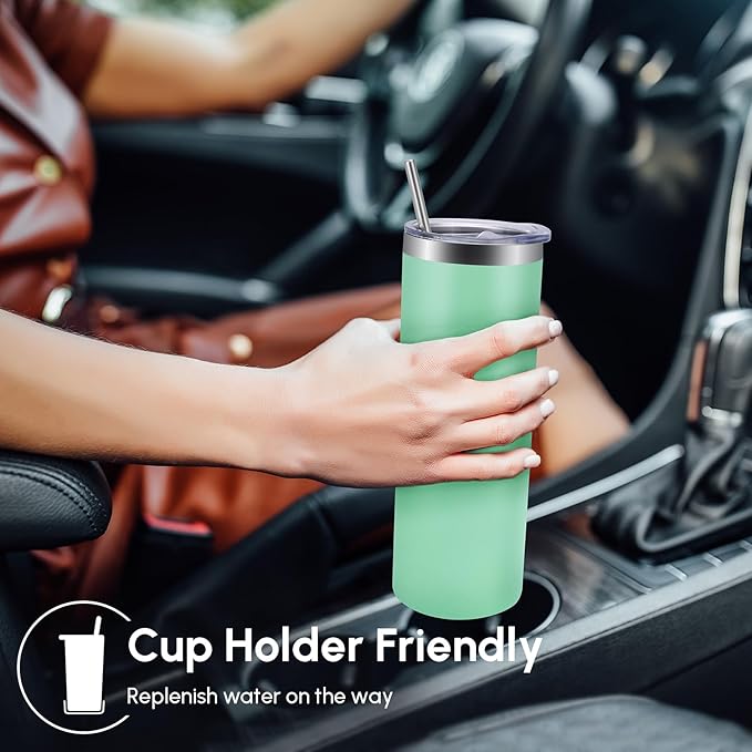 Volhoply 12 Pack Skinny Tumblers with Lid and Straw, 20oz Stainless Steel Straight Tumbler Bulk, Vacuum Insulated Coffee Mug for Home, Office, Travel, DIY (Mint,12 Pack)