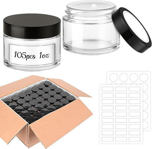 1 oz Round Clear Glass Jars, Bumobum 105 Pack Cream Jars with Black Lids, Black and White Labels & Inner Liners, Empty Cosmetic Containers for Cream, Lotion