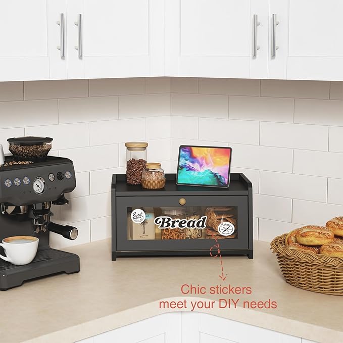 Goozii Black Bread Box for Kitchen Countertop, Small Vintage Counter Top Breadbox, Homemade Bread Storage Container for Sourdough Loaf, Farmhouse Wooden Corner Kitchen Counter Organizer for Cabinet