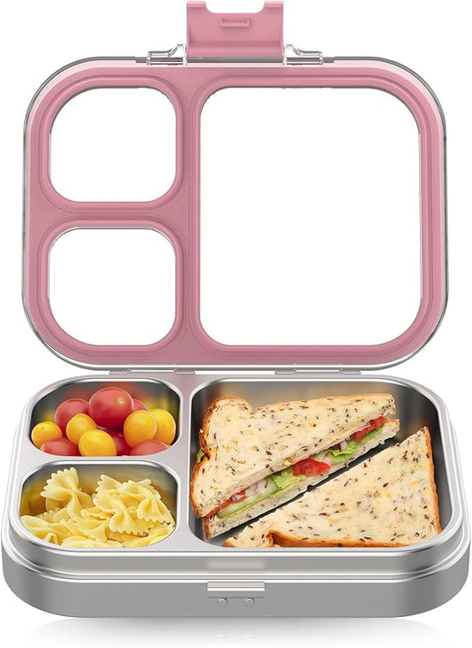 HOMEKOL Stainless Steel Bento Lunch Box, 3-Compartment Leak-Proof Lunch Container for Kids & Adults, BPA/BPS-Free 304 Metal Food Box, Dishwasher Safe, Clear Tritan Lid, Pink (Not Insulated)