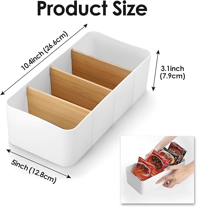 BSTKEY Seasoning Packet Organizer, Food Storage Organizer with Divided 4 Bamboo Wood Compartments, Plastic Storage Caddy for Kitchen Pantry Cabinet, Kitchen Organization Bin for Snacks Spice Packets