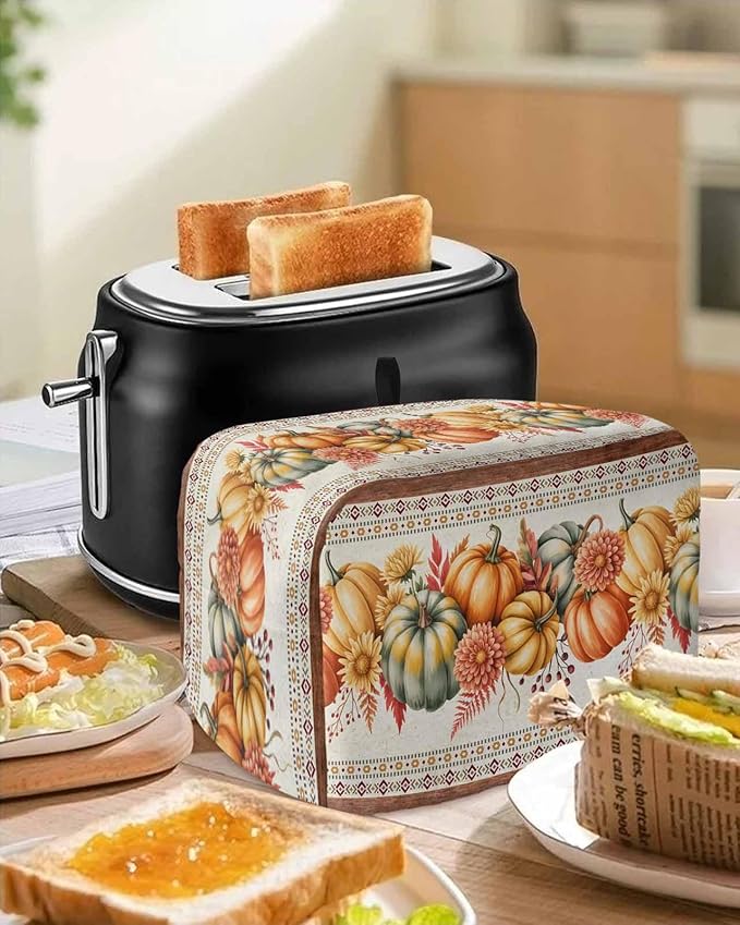 Orange Pumpkins Fall Toaster Cover 2 Slice, Thanksgiving Southwestern Floral Dustproof Bakeware Oven Protector with Top Hook, Autumn Waterproof Small Kitchen Appliance Toasters Dust Cover, 12"x7.5"x8"