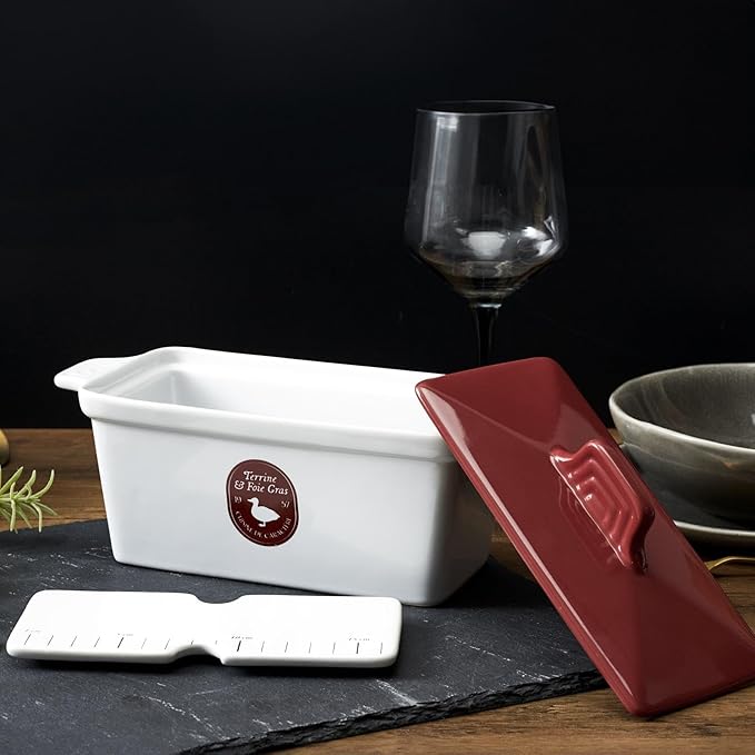 Saveur et Degustation KC2301 Foie Gras Terrine with Press, Ceramic, Red/White, 25.5 x 11 x 27 cm