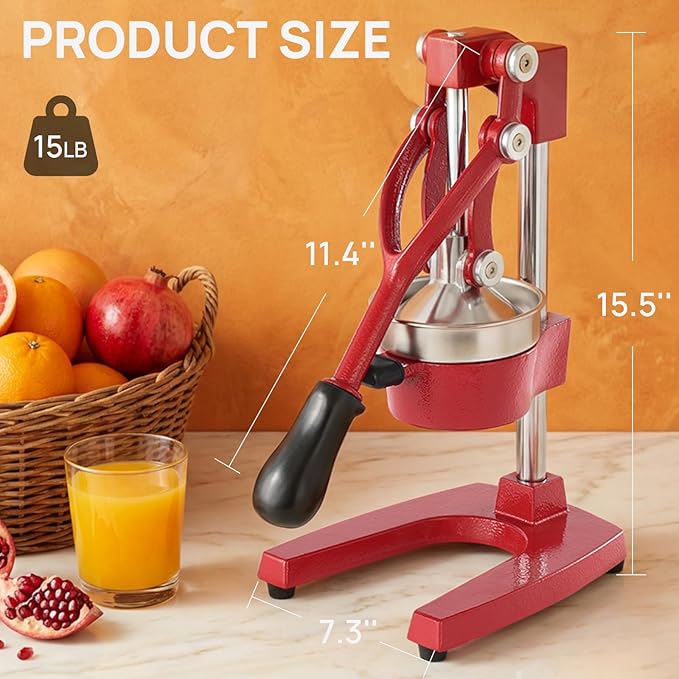 Kitchen Cast Iron Citrus Juicer,Manual Hand Press Orange Juicer,Heavy Duty Countertop Squeezer for Lemon,Orange, Easy to Use & Clean（Red)