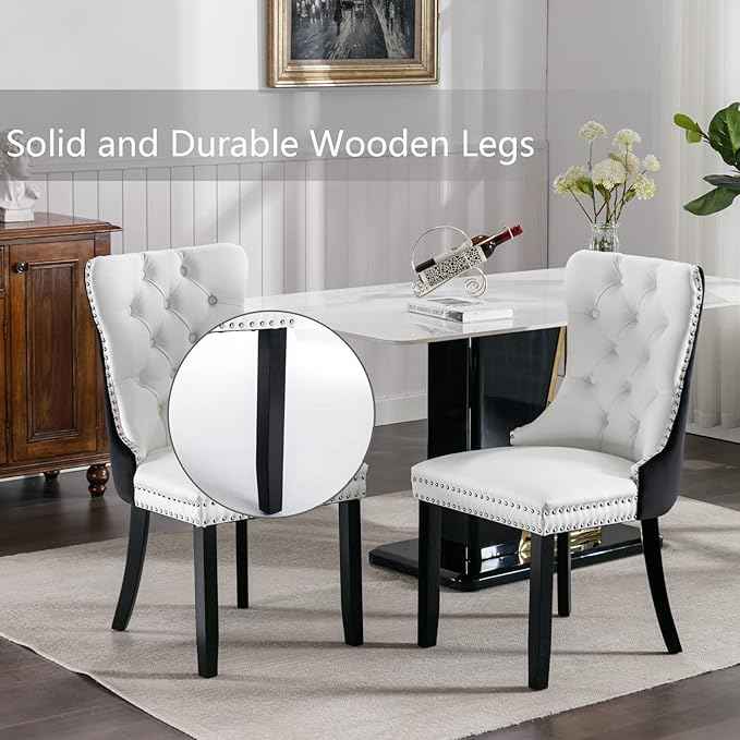 Dining Chairs Set of 6, Upholstered Dining Room Chairs with Back Ring Pull Trim and Solid Wood Legs, Modern Tufted Kitchen Chairs Perfect for Dining Room, White Pu Leather Splicing Black Velvet