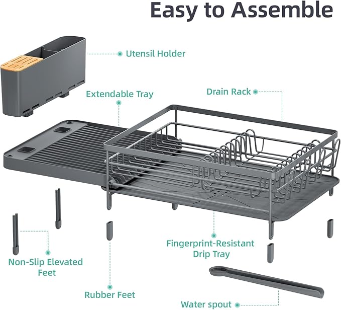 Urackify Large Dish Drying Rack, Expandable Dish Racks for Kitchen Counter, Multifunctional Dish Drainer with Utensil Holder & Cup Holder, 18.5"-26.7" L x 12.7" W, Gray