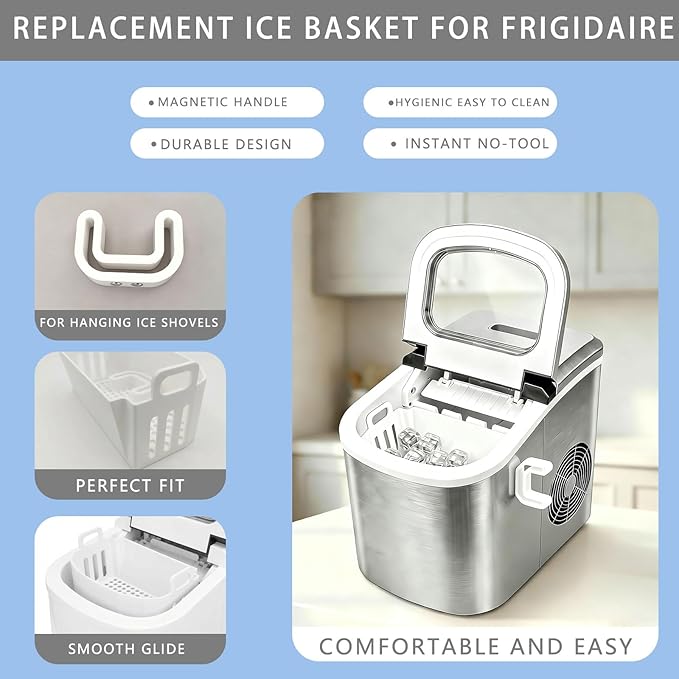 Replacement Ice Basket Compatible with Magic Chef & for Frigidaire Countertop Ice Makers - Durable Storage Bucket, Direct Fit Spare Part, No Assembly Required (White)