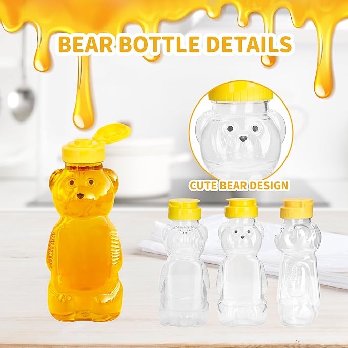 24 Pack 8 oz Plastic Honey Bear Bottle, Reusable Plastic Honey Bear Jars Bulk with Yellow Flip Top Lid for Storing and Dispensing(250ml /8 oz)