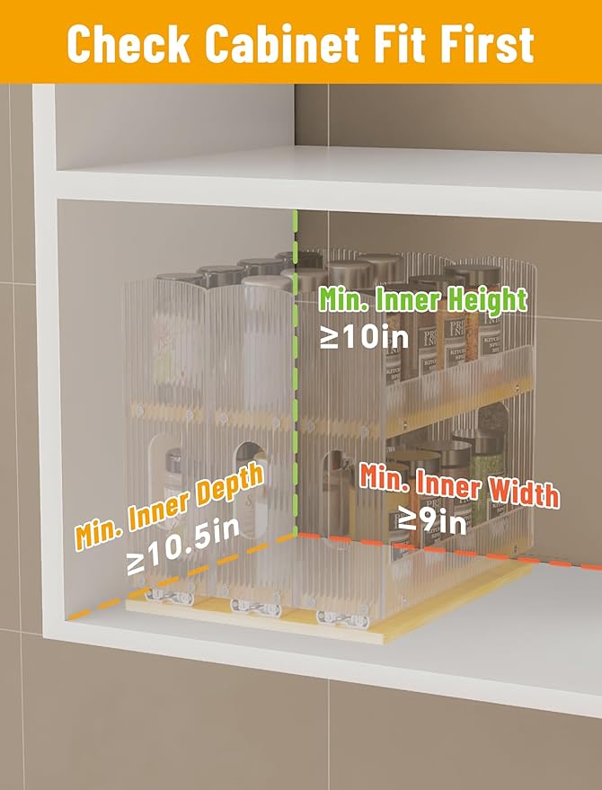 NiHome Bamboo Pull-Out Spice Rack Organizer for Cabinet, 3-Drawer Vertical Slide Out Seasoning Rack Storage Shelf for Kitchen Pantry, Bamboo Frame with Wave-Pattern Acrylic Divider (8.5” Wide, 2-Tier)