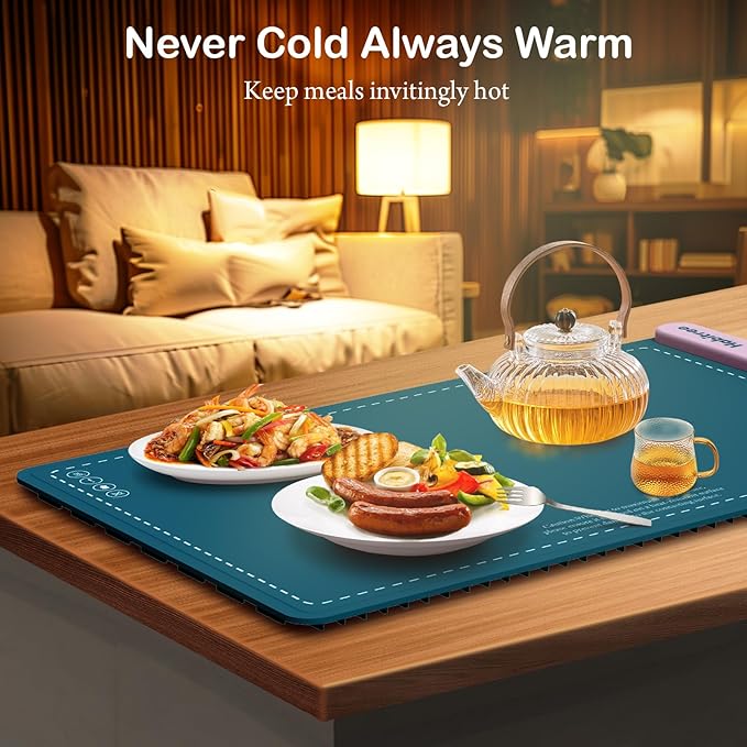 3-Pack Silicone Food Warming Mat & Food Warmers for Parties Buffet - Rapid Heating 6-Level Temp Control, Rollable Portable Easy Clean - Value Set for Gatherings & Home Daily Use（Blue）