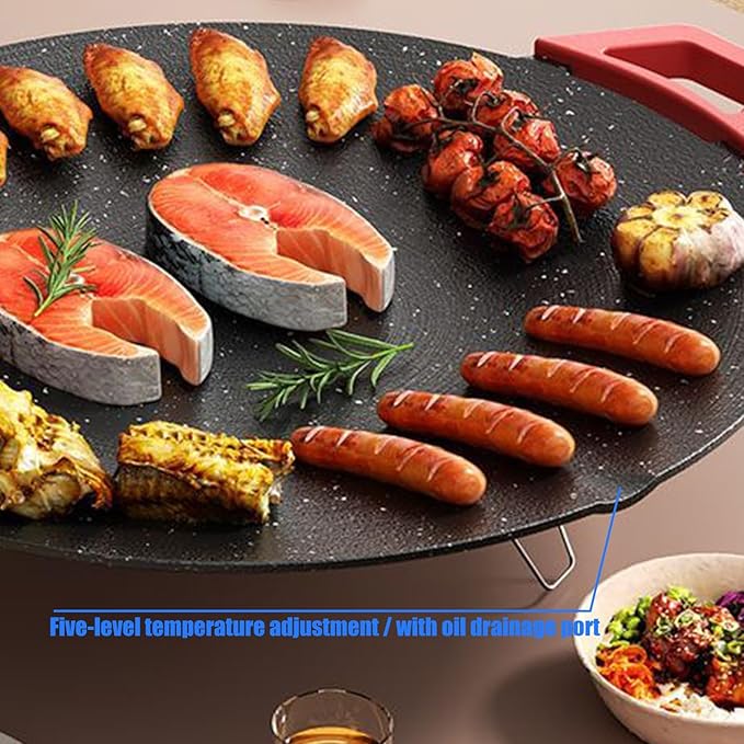 Indoor Smokeless Electric Griddle, Nonstick Round Tabletop Grill with Temperature Control, 1000W Fast Heating, Oil Drain Design for Steaks, Burgers, Pancakes, BBQ (36 cm/14 inch)
