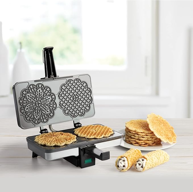 Pizzelle Maker- Non-Stick Electric Baker Press Makes Two 5-Inch Cookies at Once, Even Heating Plates- Must Have Party Baking Supplies- Italian Dessert Treat Making w Recipe Guide- Mothers Day Gift