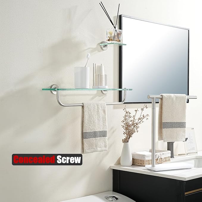 JQK Bathroom Glass Shelf, Shelf with 19 Inch Towel Bar Tempered Glass Shower Storage 20 by 5 inches, 304 Stainless Steel Brushed Finish Wall Mount, TGS100L20-BN