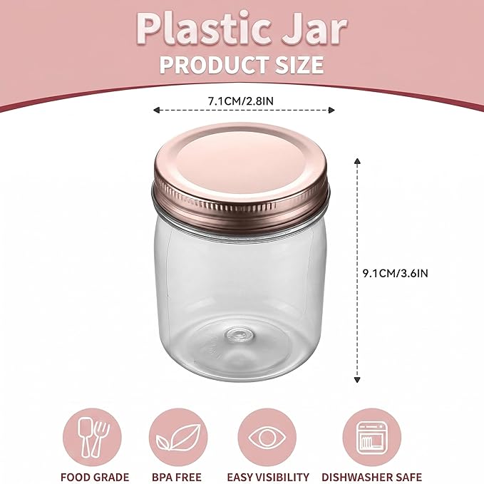 novelinks 8 oz Clear Plastic Jars with Airtight Lids, 16 Pack Plastic Mason Jars with Lids 8oz, Refillable Storage Slime Containers & Small Spice Jar for Kitchen Organization (16 Pack,Rose Gold)