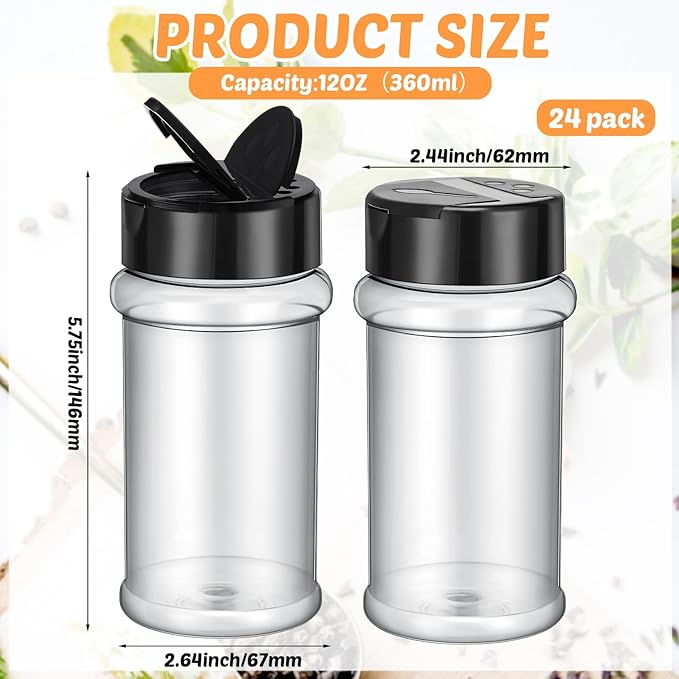 Jadive 24 Pcs Plastic Spice Jars with Shaker Lids Clear Spice Bottles Plastic Seasoning Containers Empty Shaker for Kitchen Storing Herbs Seasoning Powders Pepper Dry Goods (12 oz,Black)