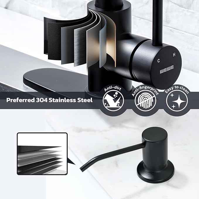 WEWE Black Kitchen Faucet with Soap Dispenser, Kitchen Sink Faucet with Pull Down Sprayer Stainless Steel Single Handle High Arc Pull Out Matte Black Faucet for Bar Laundry RV Utility